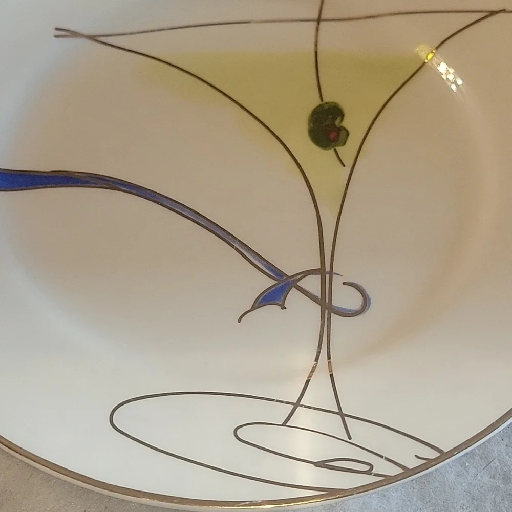 1 Vtg Pier 1 Appetizer Salad Dessert Plate Olive Martini Glass Blue Gold Accents